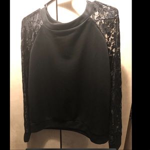 Black satin sweatshirt with lace sleeves NWOT